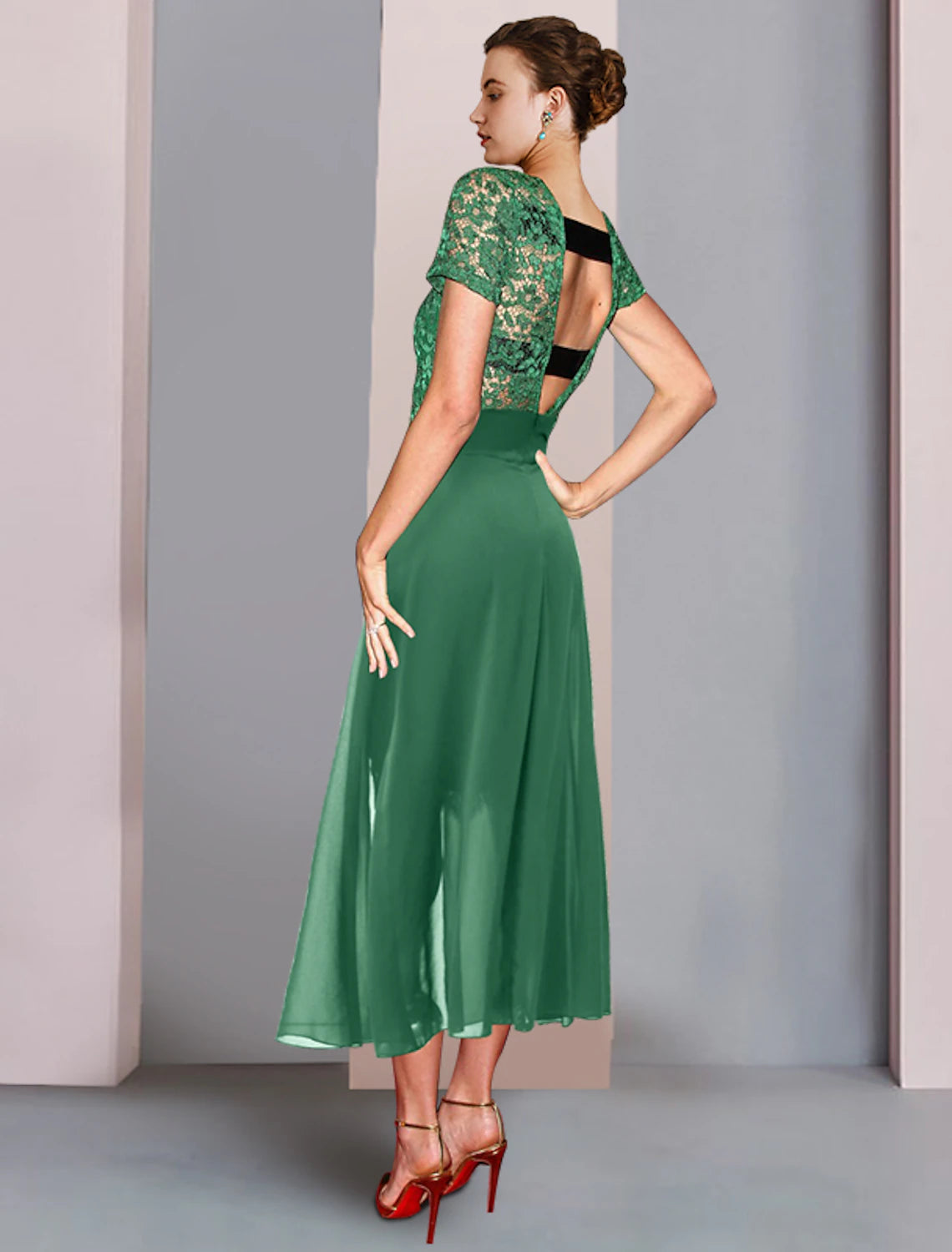 Wholesale  Two Piece Sheath / Column Mother of the Bride Dress Formal Wedding Guest Elegant Scoop Neck Knee Length Chiffon Lace Short Sleeve with Bow(s)