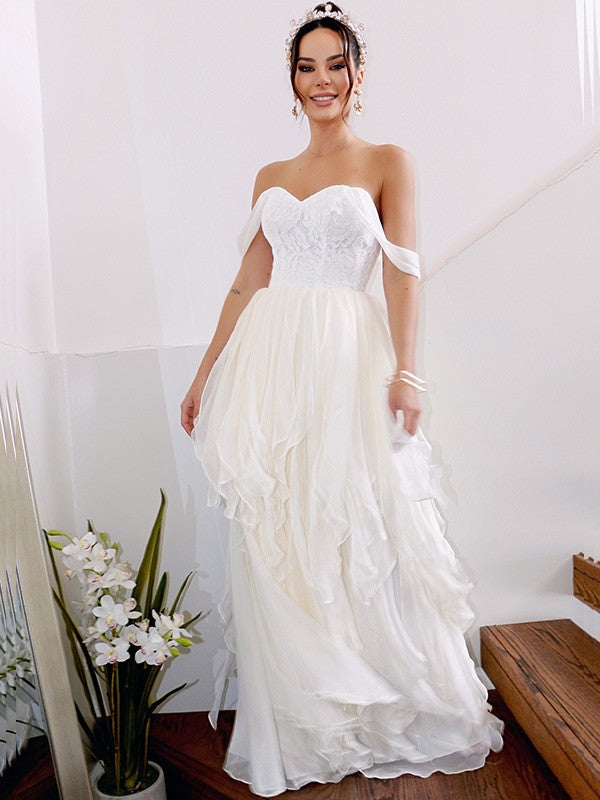 Wholesale A-Line/Princess Sleeveless Off-the-Shoulder Ruched Chiffon Floor-Length Wedding Dresses