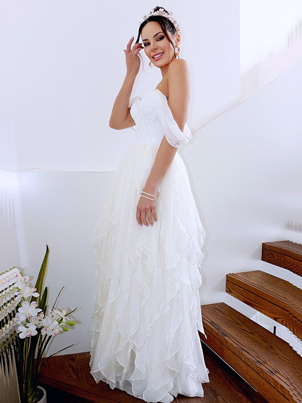Wholesale A-Line/Princess Sleeveless Off-the-Shoulder Ruched Chiffon Floor-Length Wedding Dresses