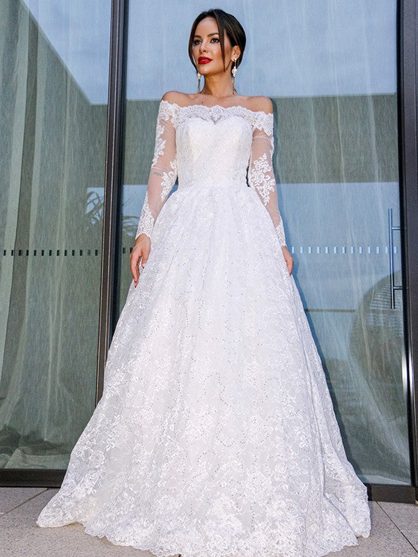 Wholesale Ball Gown Bateau Long Sleeves Lace Floor-Length Wedding Dresses