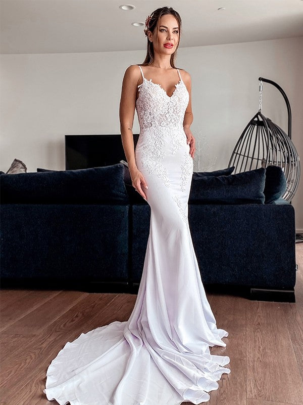 Wholesale Trumpet/Mermaid Spaghetti Straps Applique Stretch Crepe Sleeveless Cathedral Train Wedding Dresses
