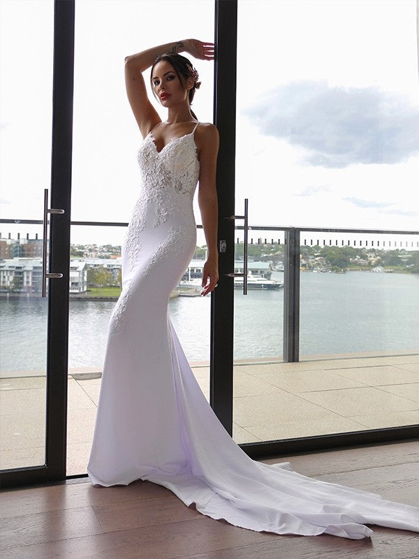 Wholesale Trumpet/Mermaid Spaghetti Straps Applique Stretch Crepe Sleeveless Cathedral Train Wedding Dresses