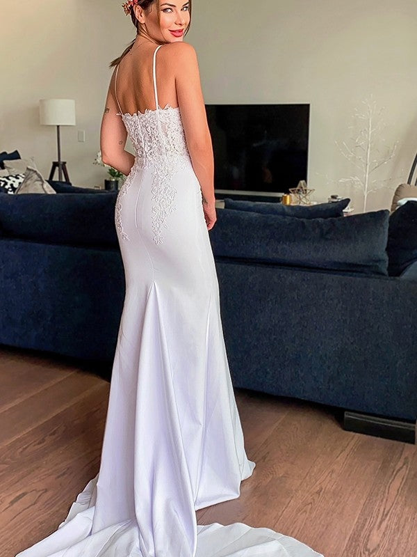 Wholesale Trumpet/Mermaid Spaghetti Straps Applique Stretch Crepe Sleeveless Cathedral Train Wedding Dresses