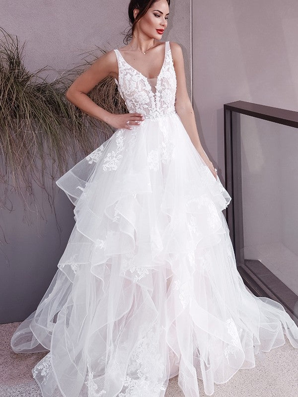 Wholesale A-Line/Princess V-neck Applique Sleeveless Tulle Sweep/Brush Train Wedding Dresses