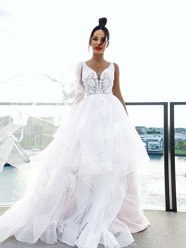 Wholesale A-Line/Princess V-neck Applique Sleeveless Tulle Sweep/Brush Train Wedding Dresses