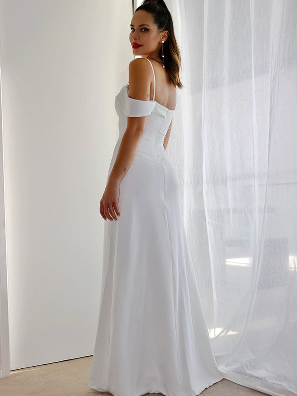 Wholesale Sheath/Column Spaghetti Straps Satin Sleeveless Ruched Floor-Length Wedding Dresses
