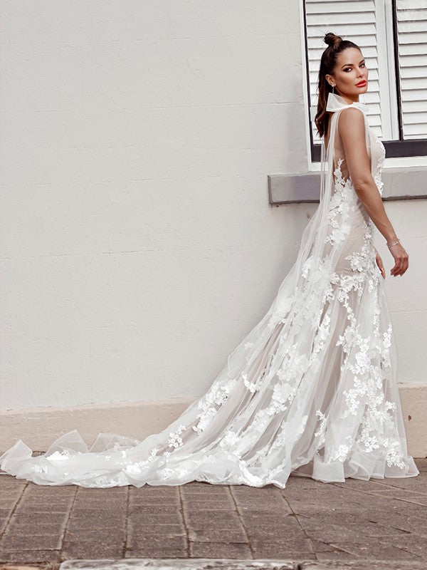 Wholesale Sheath/Column Tulle Applique Sleeveless V-neck Chapel Train Wedding Dresses