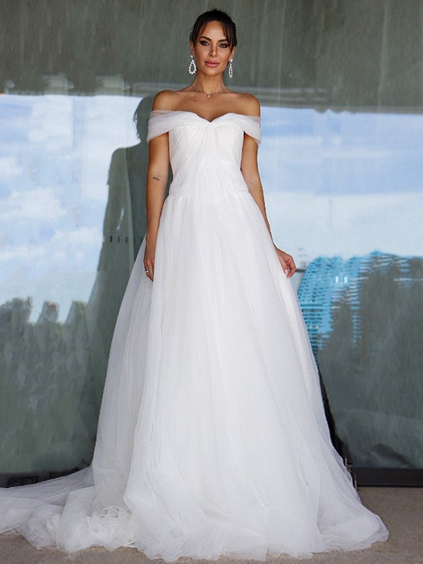 Wholesale A-Line/Princess Sleeveless Tulle Off-the-Shoulder Ruched Sweep/Brush Train Wedding Dresses
