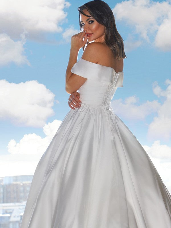 Wholesale Ball Gown Satin Ruffles Off-the-Shoulder Sleeveless Court Train Wedding Dresses