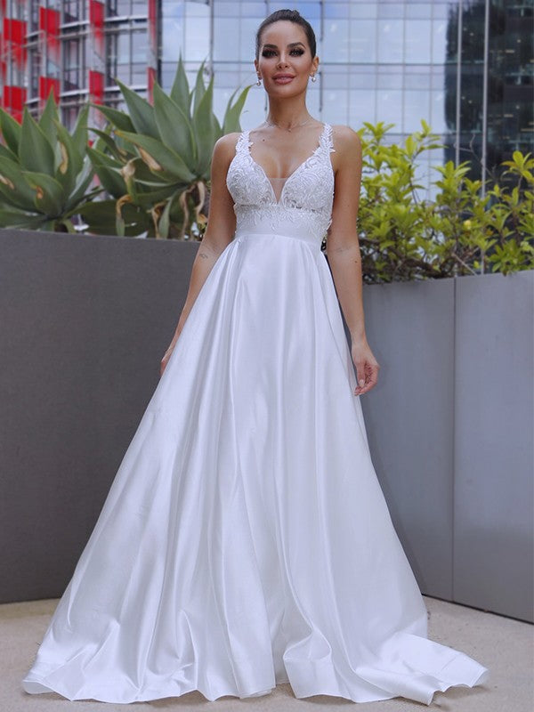 Wholesale A-Line/Princess V-neck Satin Applique Sleeveless Sweep/Brush Train Wedding Dresses