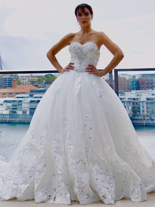 Wholesale Ball Gown Tulle Sweetheart Applique Sleeveless Cathedral Train Wedding Dresses