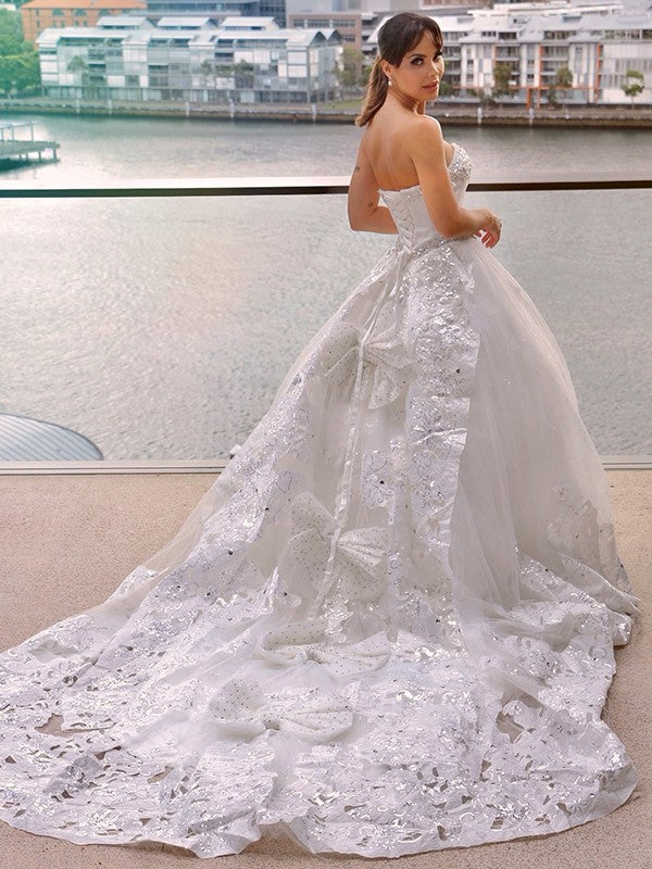 Wholesale Ball Gown Tulle Sweetheart Applique Sleeveless Cathedral Train Wedding Dresses