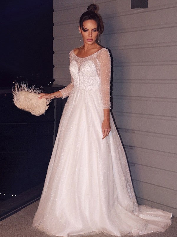Wholesale A-Line/Princess Beading Scoop Tulle Long Sleeves Sweep/Brush Train Wedding Dresses