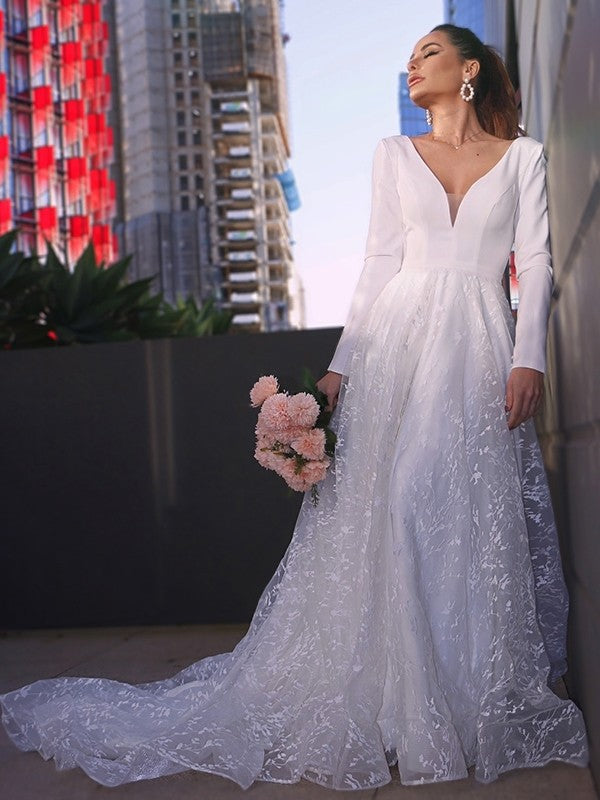 Wholesale A-Line/Princess V-neck Long Sleeves Lace Applique Sweep/Brush Train Wedding Dresses