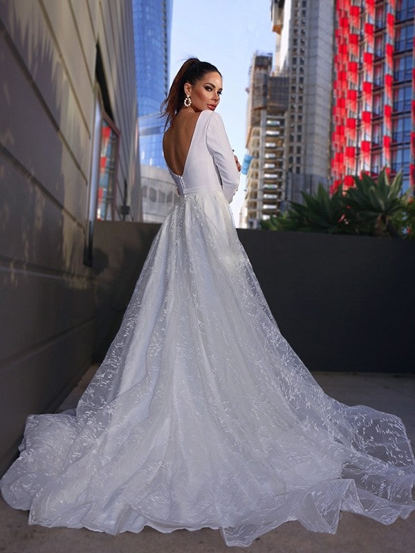 Wholesale A-Line/Princess V-neck Long Sleeves Lace Applique Sweep/Brush Train Wedding Dresses