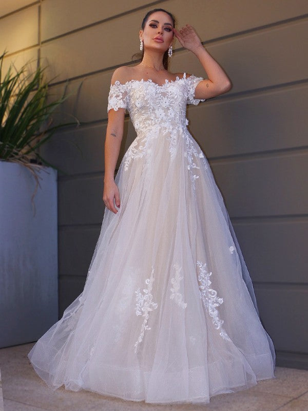 Wholesale A-Line/Princess Tulle Off-the-Shoulder Short Sleeves Applique Floor-Length Wedding Dresses