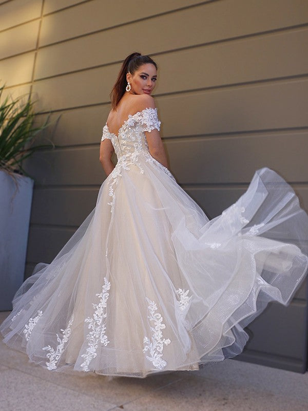 Wholesale A-Line/Princess Tulle Off-the-Shoulder Short Sleeves Applique Floor-Length Wedding Dresses