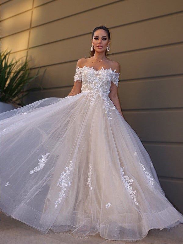 Wholesale A-Line/Princess Tulle Off-the-Shoulder Short Sleeves Applique Floor-Length Wedding Dresses