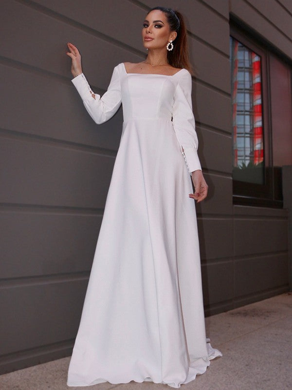 Wholesale A-Line/Princess Stretch Crepe Ruffles Long Sleeves Square Sweep/Brush Train Wedding Dresses