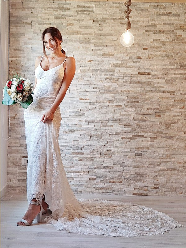 Wholesale Sheath/Column Lace Applique Spaghetti Straps Sleeveless Court Train Wedding Dresses