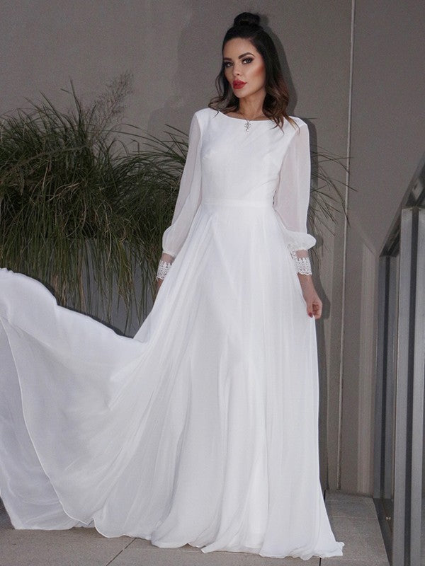 Wholesale A-Line/Princess Chiffon Ruffles Long Sleeves Scoop Sweep/Brush Train Wedding Dresses