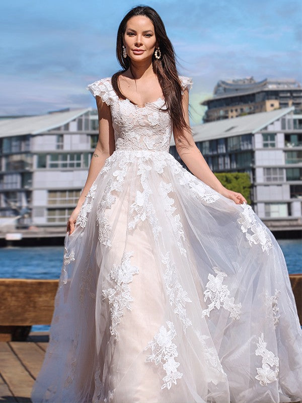 Wholesale A-Line/Princess Tulle Applique Off-the-Shoulder Sleeveless Sweep/Brush Train Wedding Dresses