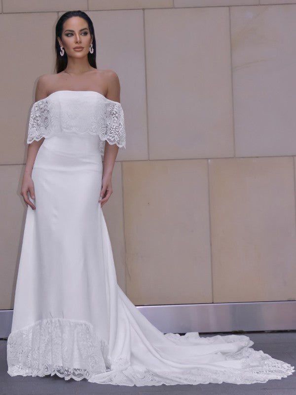 Wholesale Sheath/Column Lace Ruffles Off-the-Shoulder Short Sleeves Chapel Train Wedding Dresses