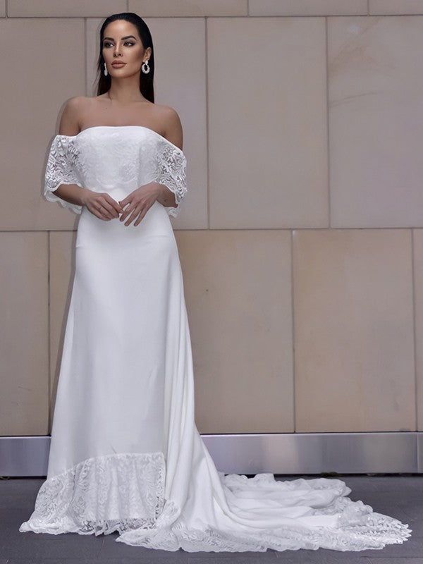Wholesale Sheath/Column Lace Ruffles Off-the-Shoulder Short Sleeves Chapel Train Wedding Dresses