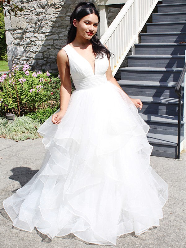 Wholesale Ball Gown Organza Ruffles V-neck Sleeveless Floor-Length Wedding Dresses
