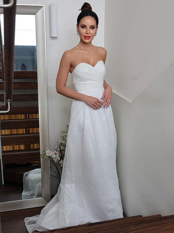 Wholesale A-Line/Princess Ruched Sweetheart Sleeveless Sweep/Brush Train Wedding Dresses