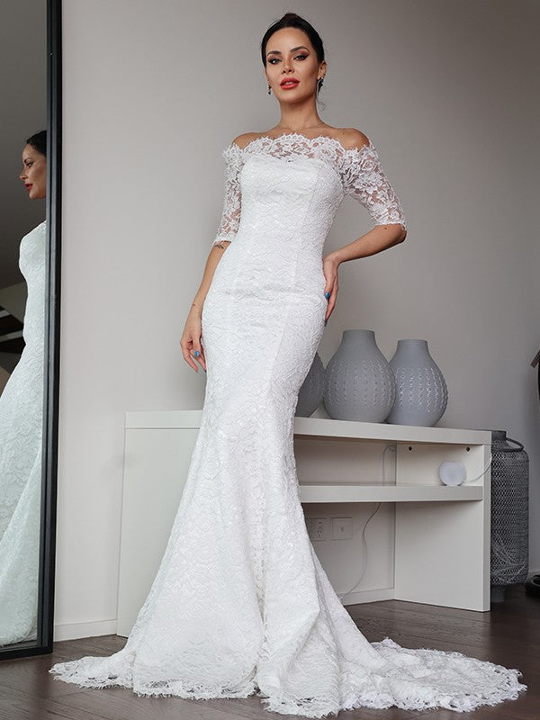 Wholesale Sheath/Column Lace Ruffles Off-the-Shoulder 1/2 Sleeves Sweep/Brush Train Wedding Dresses
