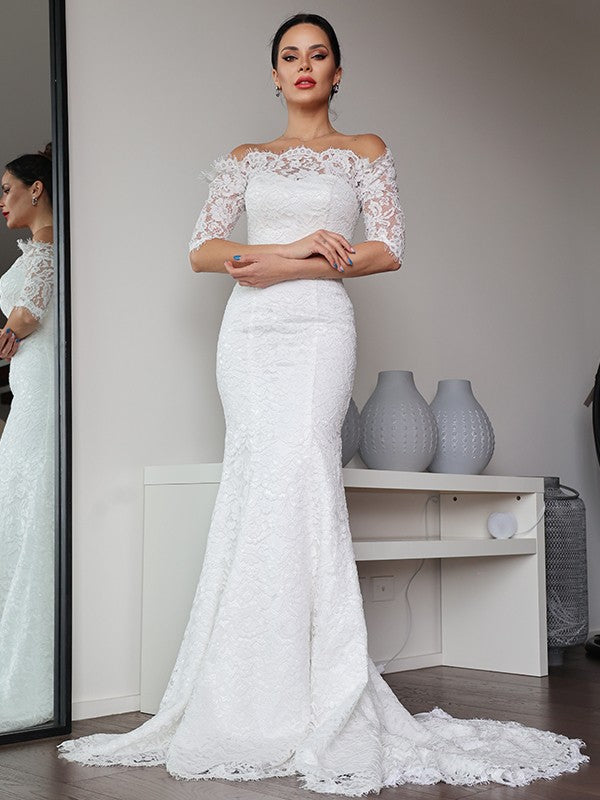 Wholesale Sheath/Column Lace Ruffles Off-the-Shoulder 1/2 Sleeves Sweep/Brush Train Wedding Dresses