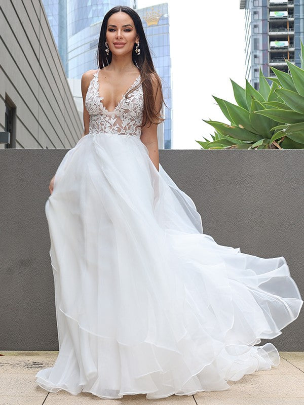 Wholesale A-Line/Princess Lace Ruffles V-neck Sleeveless Sweep/Brush Train Wedding Dresses