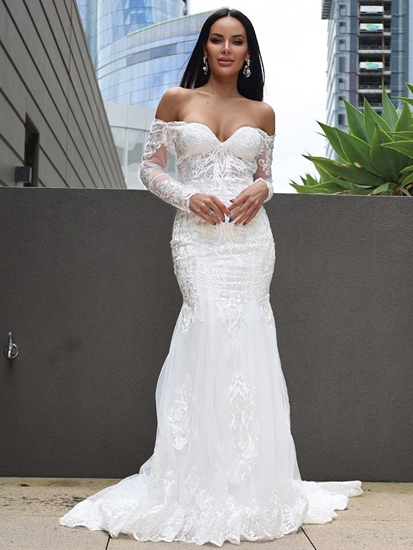 Wholesale Trumpet/Mermaid Tulle Applique Off-the-Shoulder Long Sleeves Sweep/Brush Train Wedding Dresses