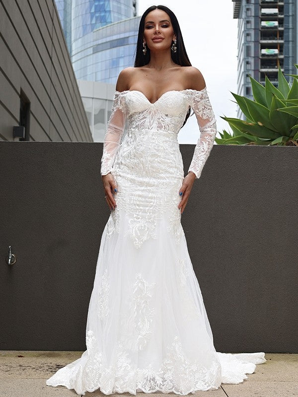 Wholesale Trumpet/Mermaid Tulle Applique Off-the-Shoulder Long Sleeves Sweep/Brush Train Wedding Dresses