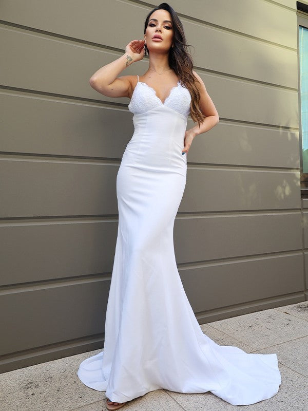 Wholesale Sheath/Column Stretch Crepe Lace V-neck Sleeveless Sweep/Brush Train Wedding Dresses