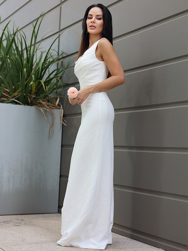 Wholesale Sheath/Column Stretch Crepe Ruched Straps Sleeveless Floor-Length Wedding Dresses