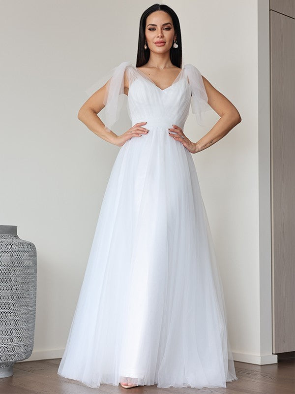 Wholesale A-Line/Princess Tulle Ruffles V-neck Sleeveless Floor-Length Wedding Dresses