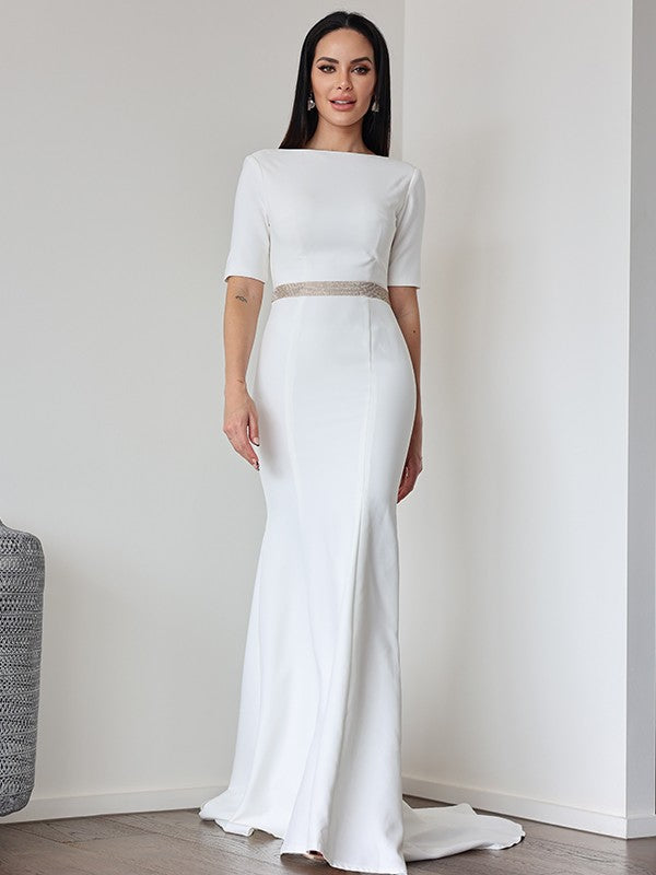 Wholesale Sheath/Column Stretch Crepe Ruched Scoop 1/2 Sleeves Sweep/Brush Train Wedding Dresses