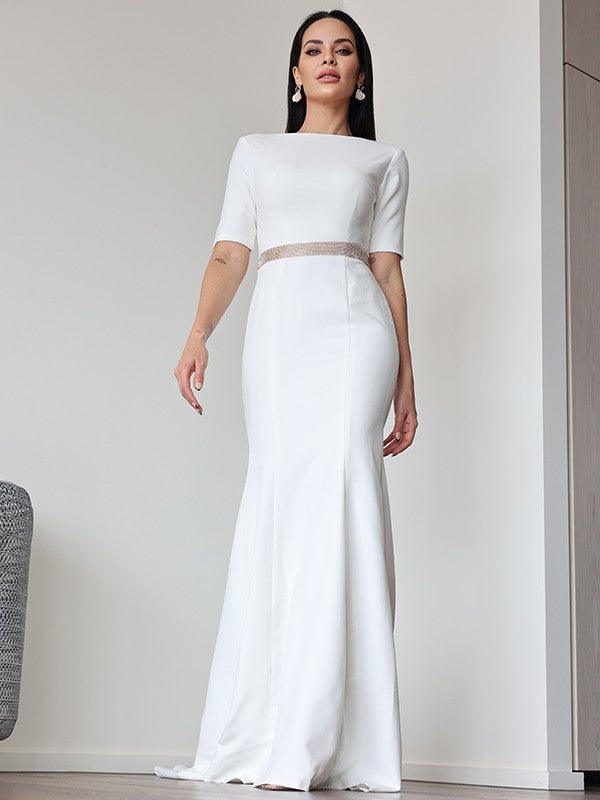 Wholesale Sheath/Column Stretch Crepe Ruched Scoop 1/2 Sleeves Sweep/Brush Train Wedding Dresses