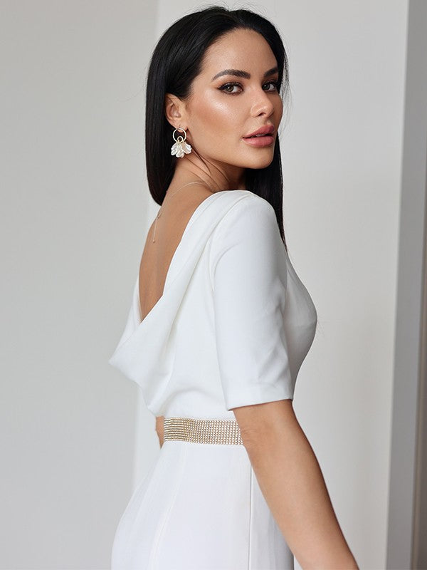 Wholesale Sheath/Column Stretch Crepe Ruched Scoop 1/2 Sleeves Sweep/Brush Train Wedding Dresses