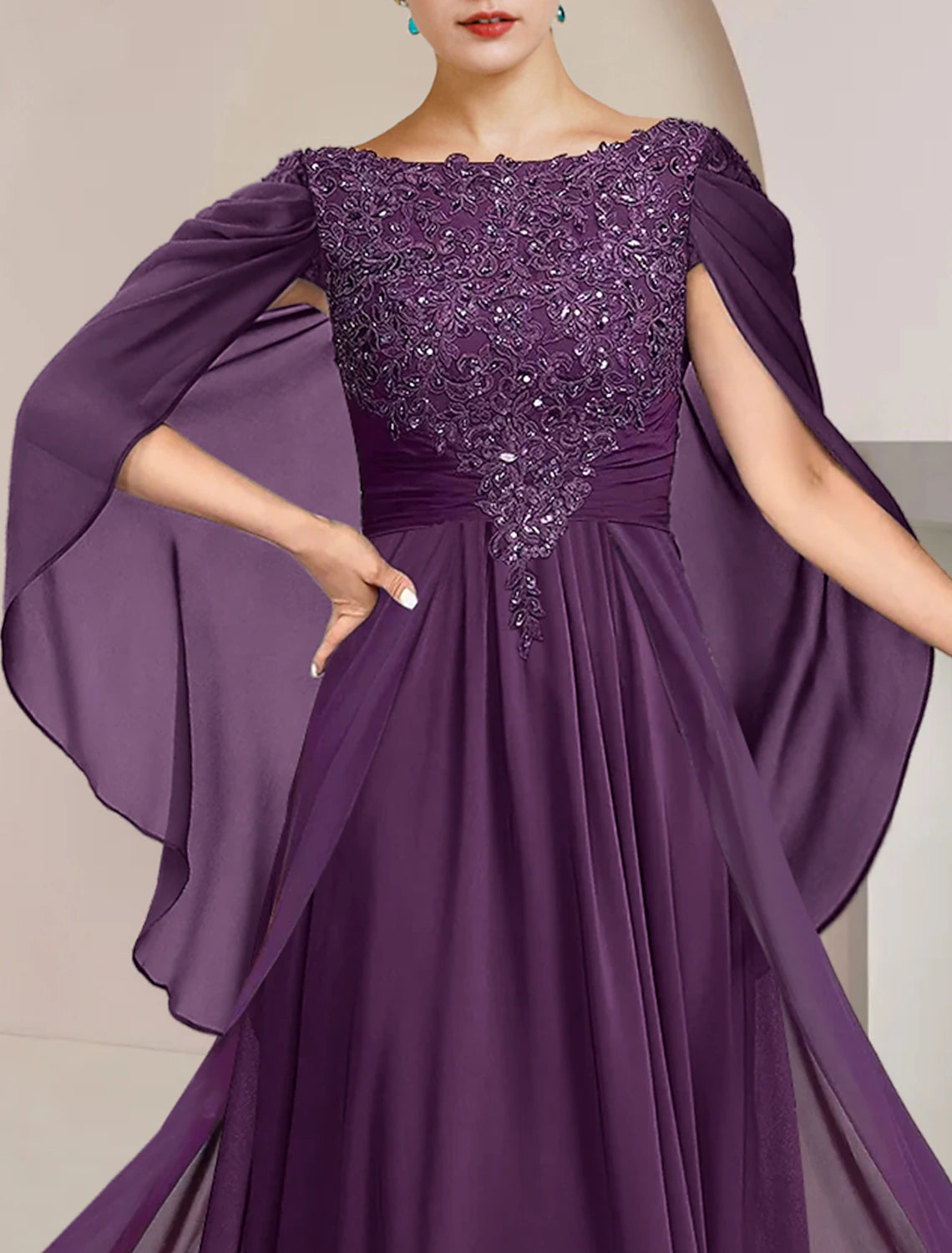 Wholesale  A-Line Mother of the Bride Dress Formal Wedding Guest Elegant Scoop Neck Floor Length Chiffon Lace Sleeveless with Beading Sequin Appliques