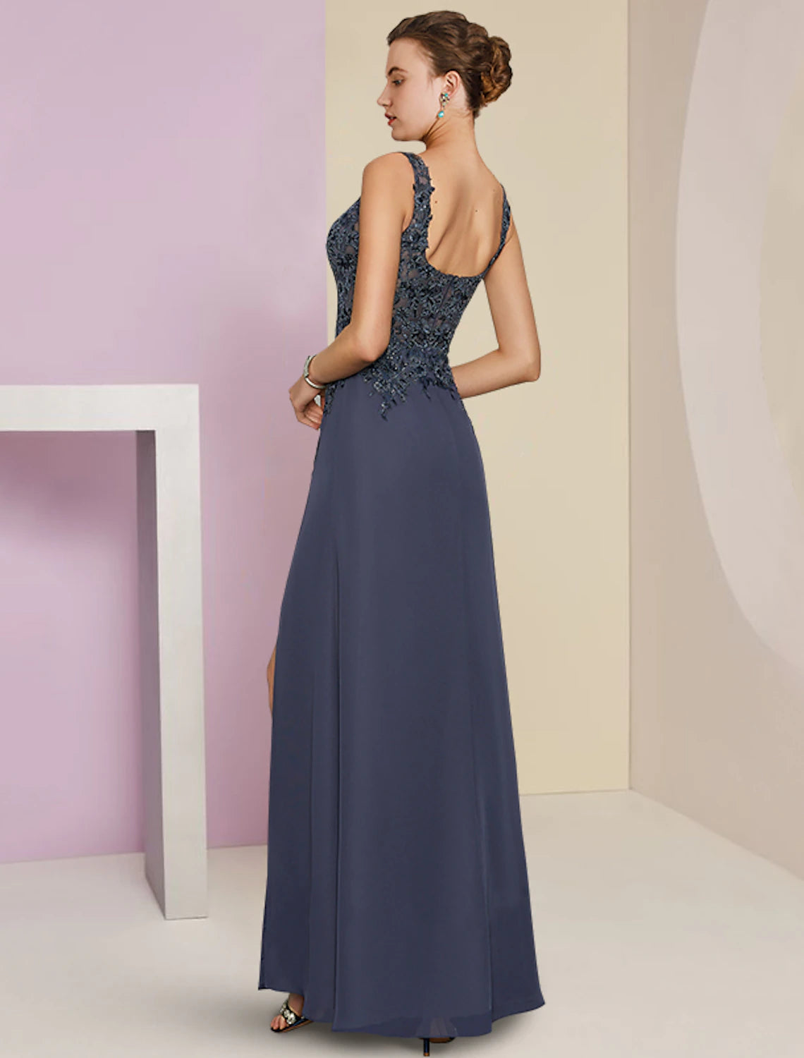 Wholesale  Sheath / Column Mother of the Bride Dress Wedding Guest Party Elegant V Neck Floor Length Chiffon Lace Sleeveless with Pleats Sequin