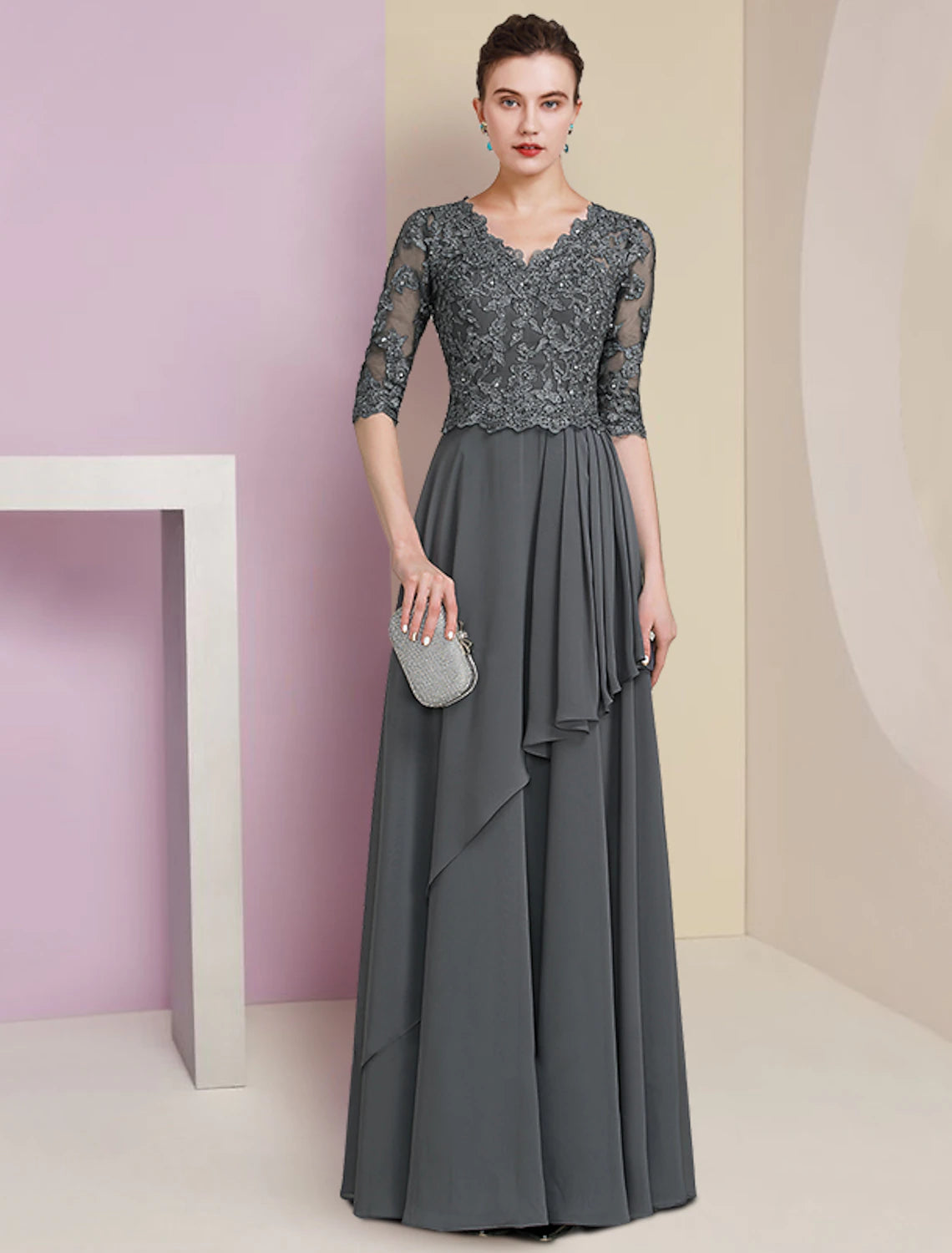 Wholesale  A-Line Mother of the Bride Dress Formal Luxurious Elegant V Neck Floor Length Chiffon Lace Half Sleeve with Pleats Beading Appliques