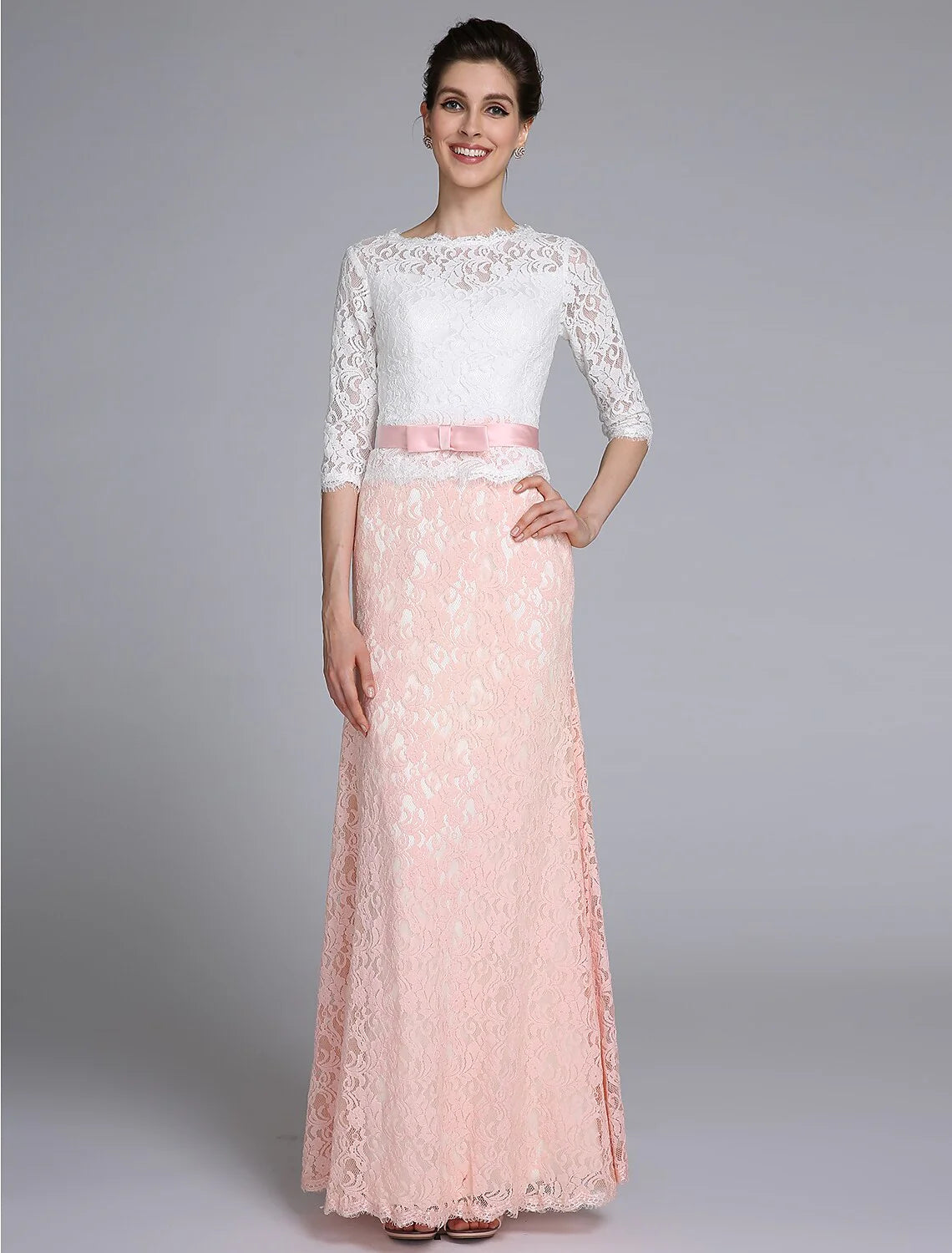 Wholesale Mermaid / Trumpet Mother of the Bride Dress Color Block Jewel Neck Floor Length Lace Half Sleeve No with Sash / Ribbon