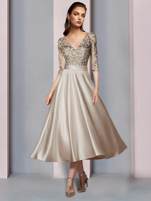 Wholesale A-Line Mother of the Bride Dress Wedding Guest Elegant V Neck Tea Length Satin Lace Half Sleeve with Pleats Appliques