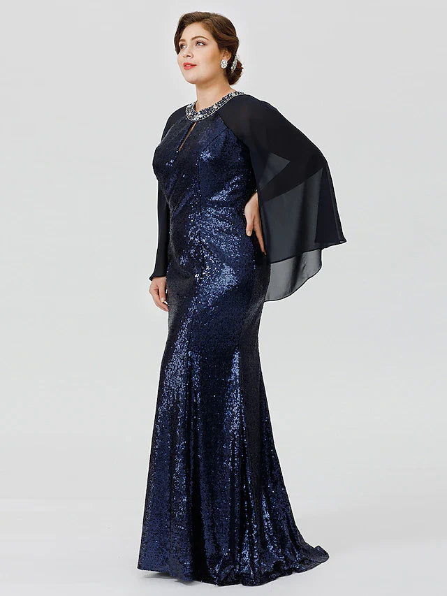 Wholesale Mermaid / Trumpet Mother of the Bride Dress Formal Chic & Modern Glamorous & Dramatic Plus Size Jewel Neck Floor Length Chiffon Sequined 3/4 Length Sleeve No with Crystals Beading