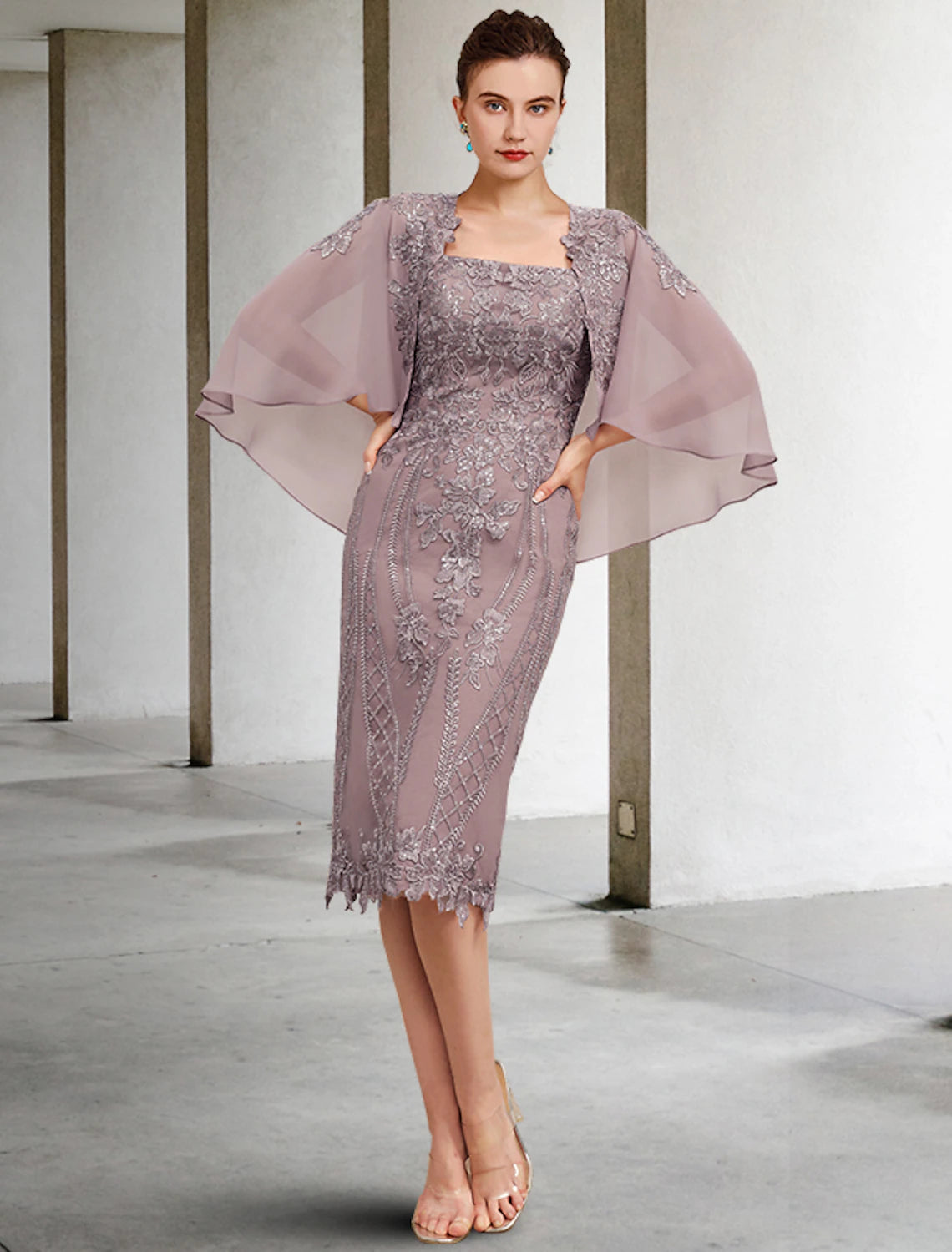 Wholesale  Sheath / Column Mother of the Bride Dress Vintage Elegant Square Neck Knee Length Chiffon Lace Sleeveless Jacket Dresses with Appliques