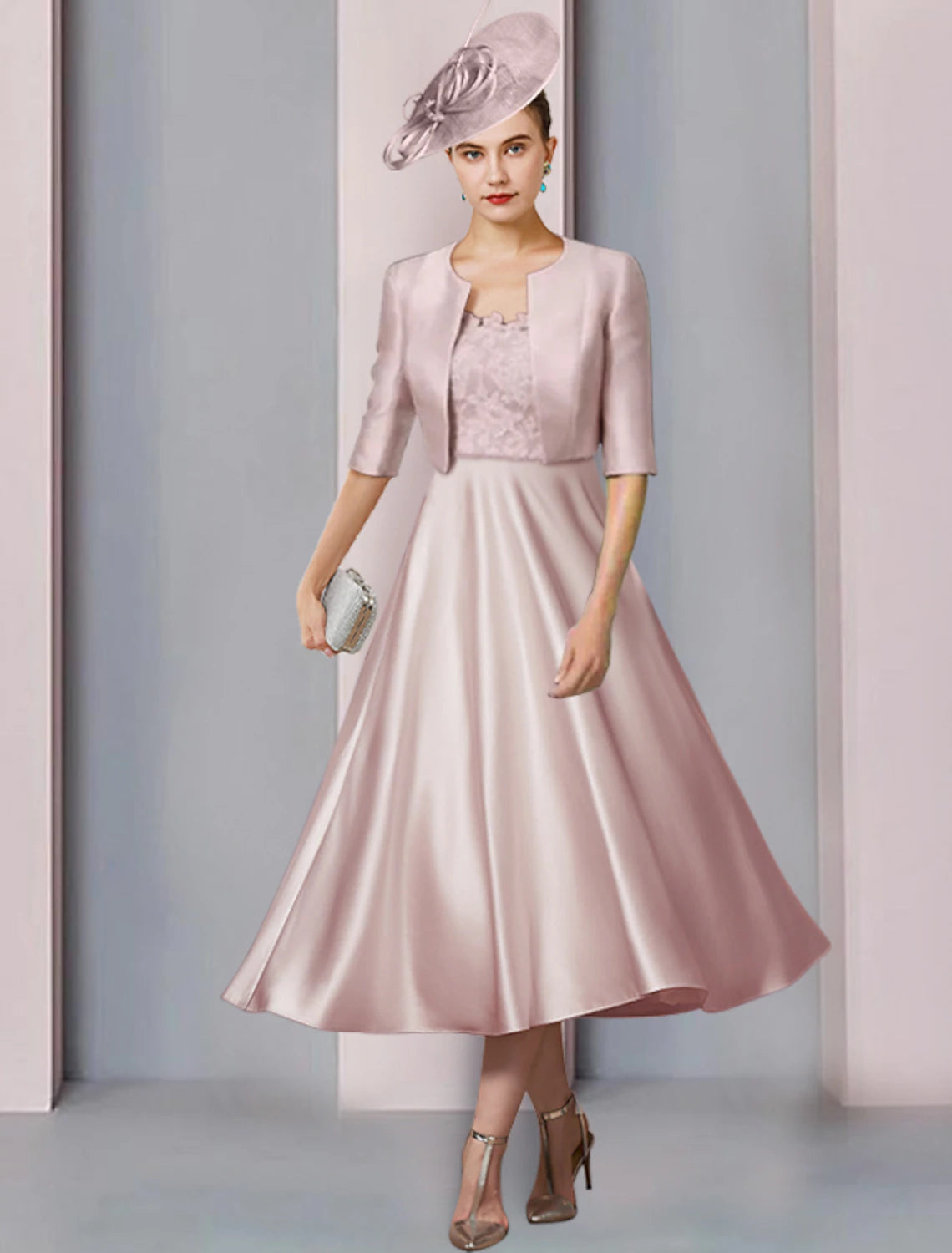 Wholesale  Two Piece A-Line Mother of the Bride Dress Wedding Guest Church Party Elegant Scoop Neck Tea Length Satin Lace Half Sleeve with Pleats