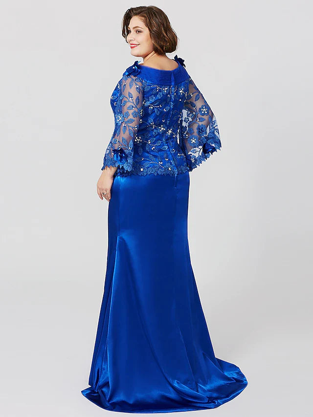 Wholesale Mermaid / Trumpet Mother of the Bride Dress Formal Plus Size Elegant Bateau Neck Sweep / Brush Train Lace Over Charmeuse Long Sleeve No with Pleats Ruffles